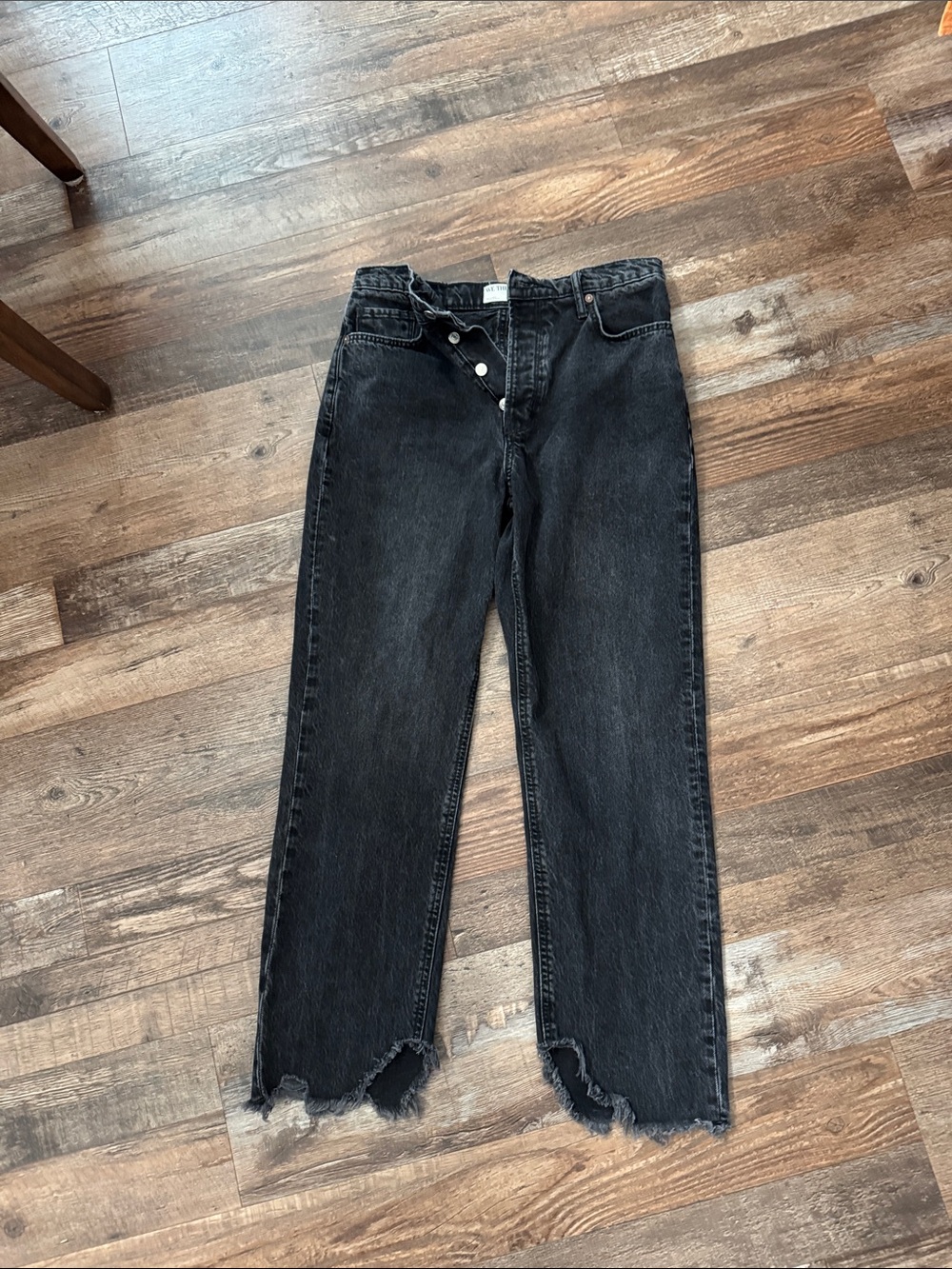 Free People Washed Black Straight-Leg Jeans with Distressed Raw Hem